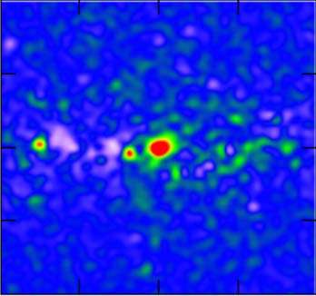A false-color image of the anomalous gamma-ray emission from the central region of the Milky Way galaxy; this emission is suspected of coming from dark matter annihilation. In this image, the emission from conventional sources has been subtracted from the total. The region covers roughly five degrees; the brightest emission is colored red and faintest blue. Credit: Daylan et al. Read more at: http://phys.org/news/2016-03-signature-dark-annihilation.html#jCp